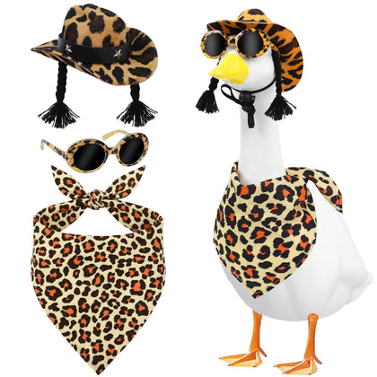 Aposwow leopard print goose hat adds trendy charm to outdoor lawn statues.