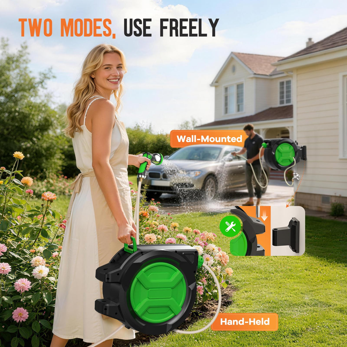 Applichef retractable hose reel 9-pattern nozzle offers versatile watering