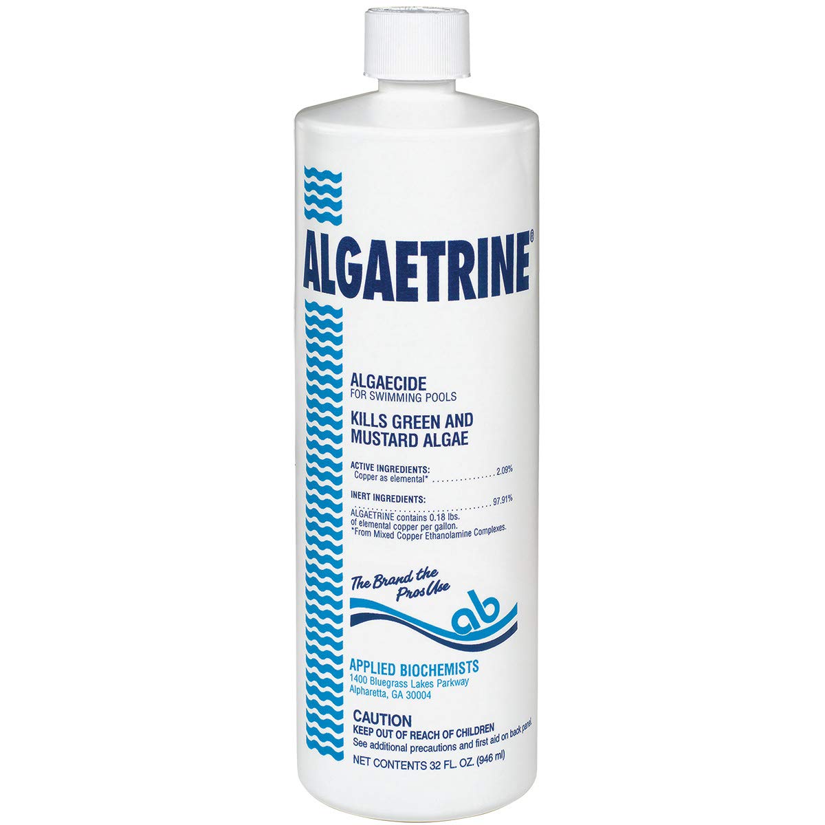 Applied Biochemists Algaetrine bottle for pool algae control with chlorine and bromine compatibility