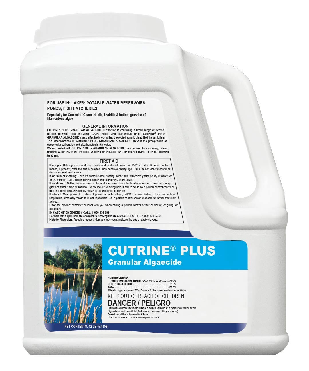 Applied Biochemists Cutrine-Plus granular algaecide 12lb container for algae control in ponds.