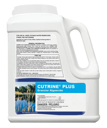 Applied Biochemists Cutrine-Plus granular algaecide 12lb container for algae control in ponds.