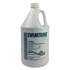 Applied Biochemists Swimtrine Plus bottle pour demonstrates algae control and prevention for pools.
