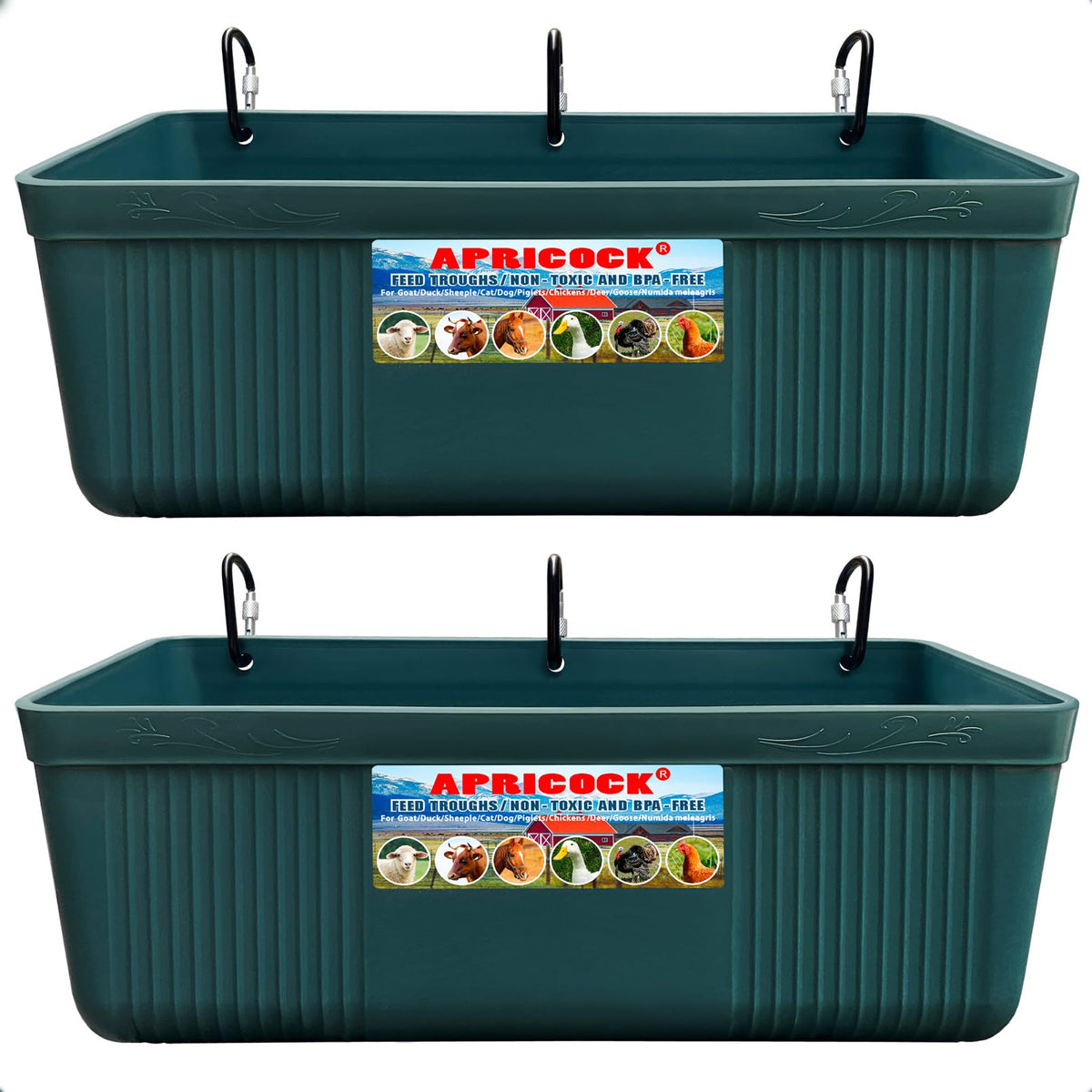 APRICOCK 2-pack hanging feeders with clips for organized goat feeding.