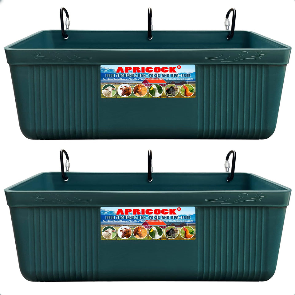APRICOCK 2-pack hanging feeders with clips for organized goat feeding.