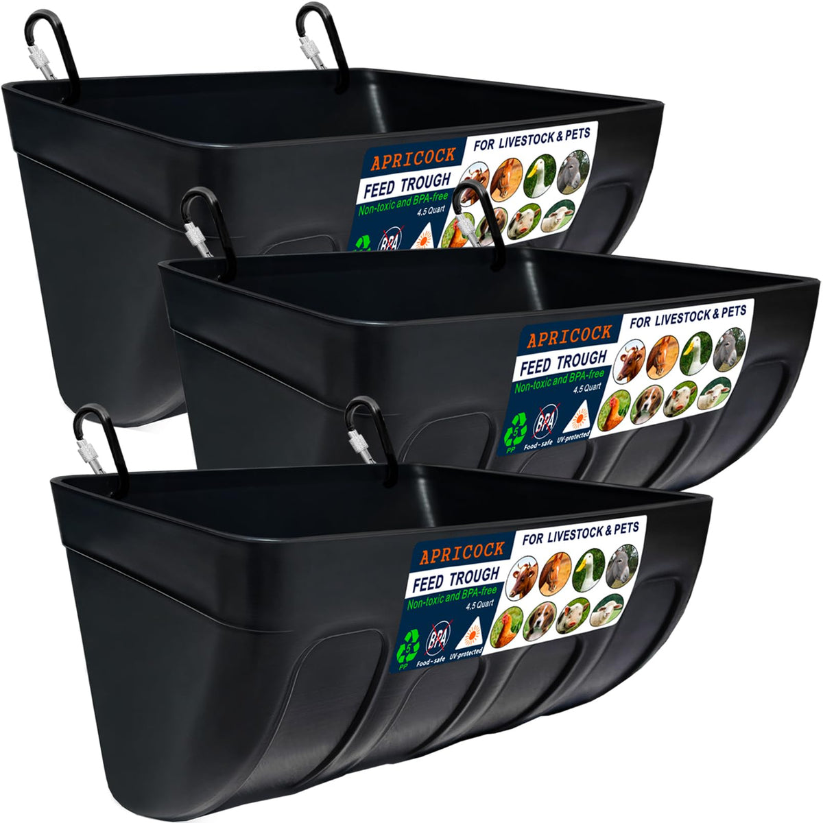 APRICOCK chicken feeder waterer 3-pack, 5.5 qt, front view highlights sturdy design