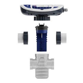 APX E-CHLOR blue pool water demonstrates balanced sanitizer.