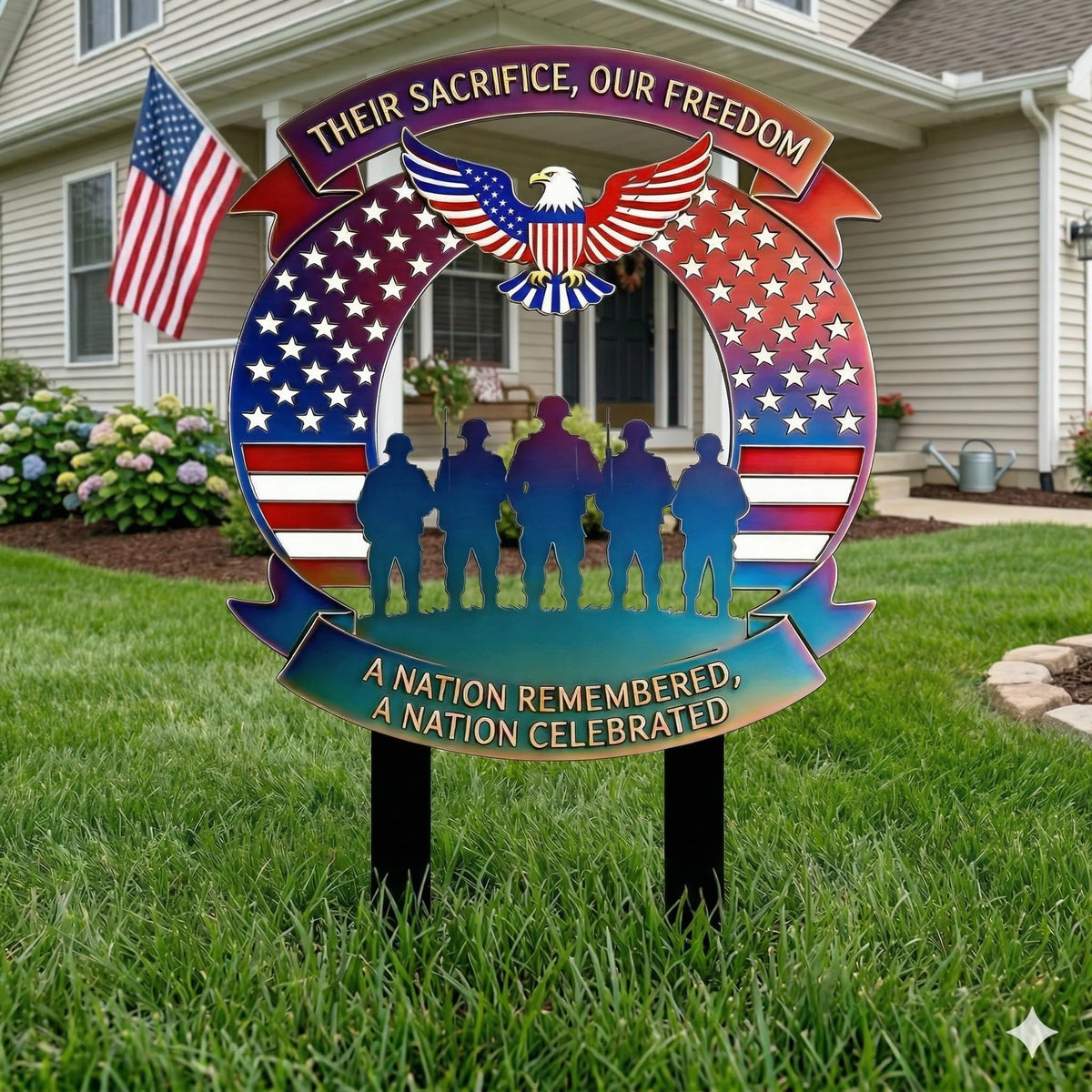 AQGQTQ Memorial Day round metal garden stake provides durable outdoor display.