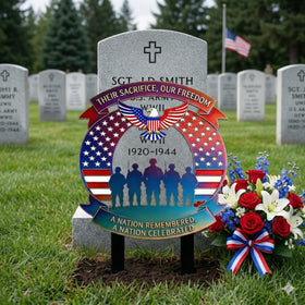 AQGQTQ ribbon banners and flag ring add solemn patriotic detail.
