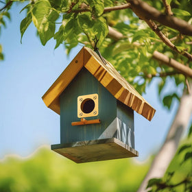 AQKILO birdhouse entry hole protected by guard plate.