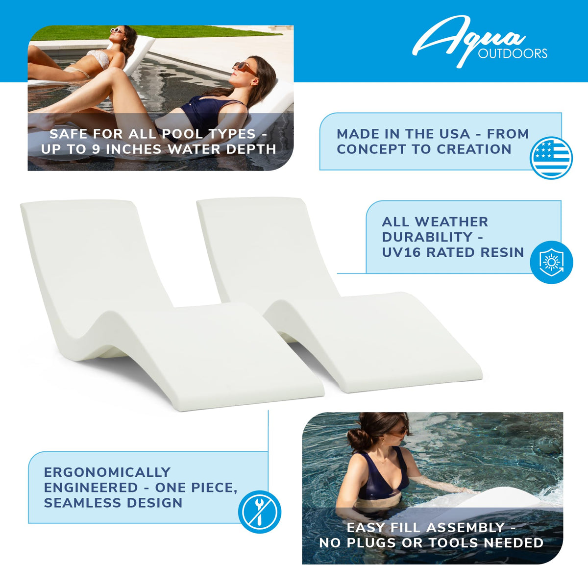 Aqua Chairs Aqua Outdoors pool lounger with ergonomic contours for poolside comfort.
