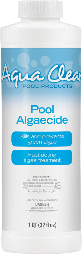 Aqua Clear Algaecide 32 oz bottle front helps prevent green algae in pools.