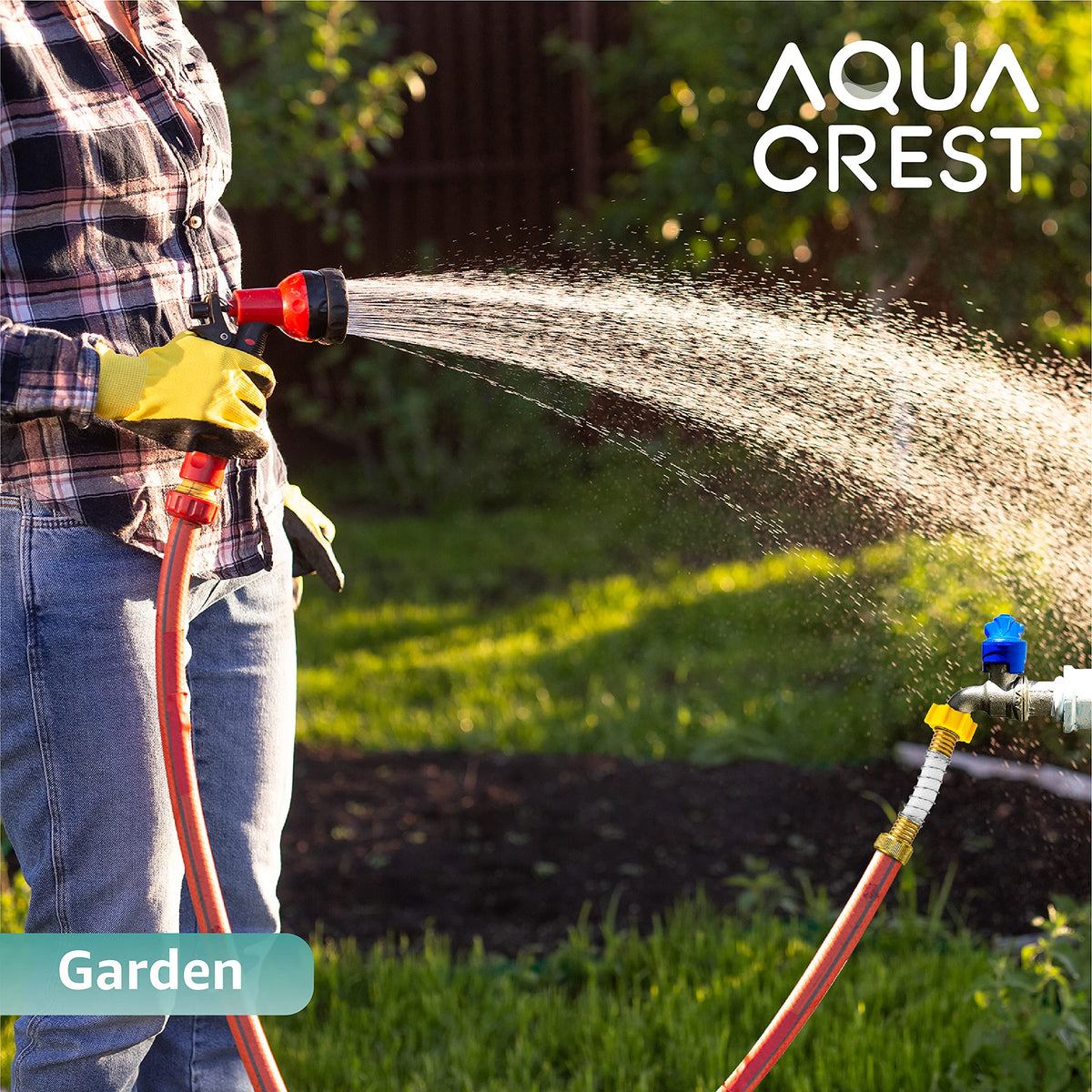 Aqua Crest in garden setting protects hoses during watering