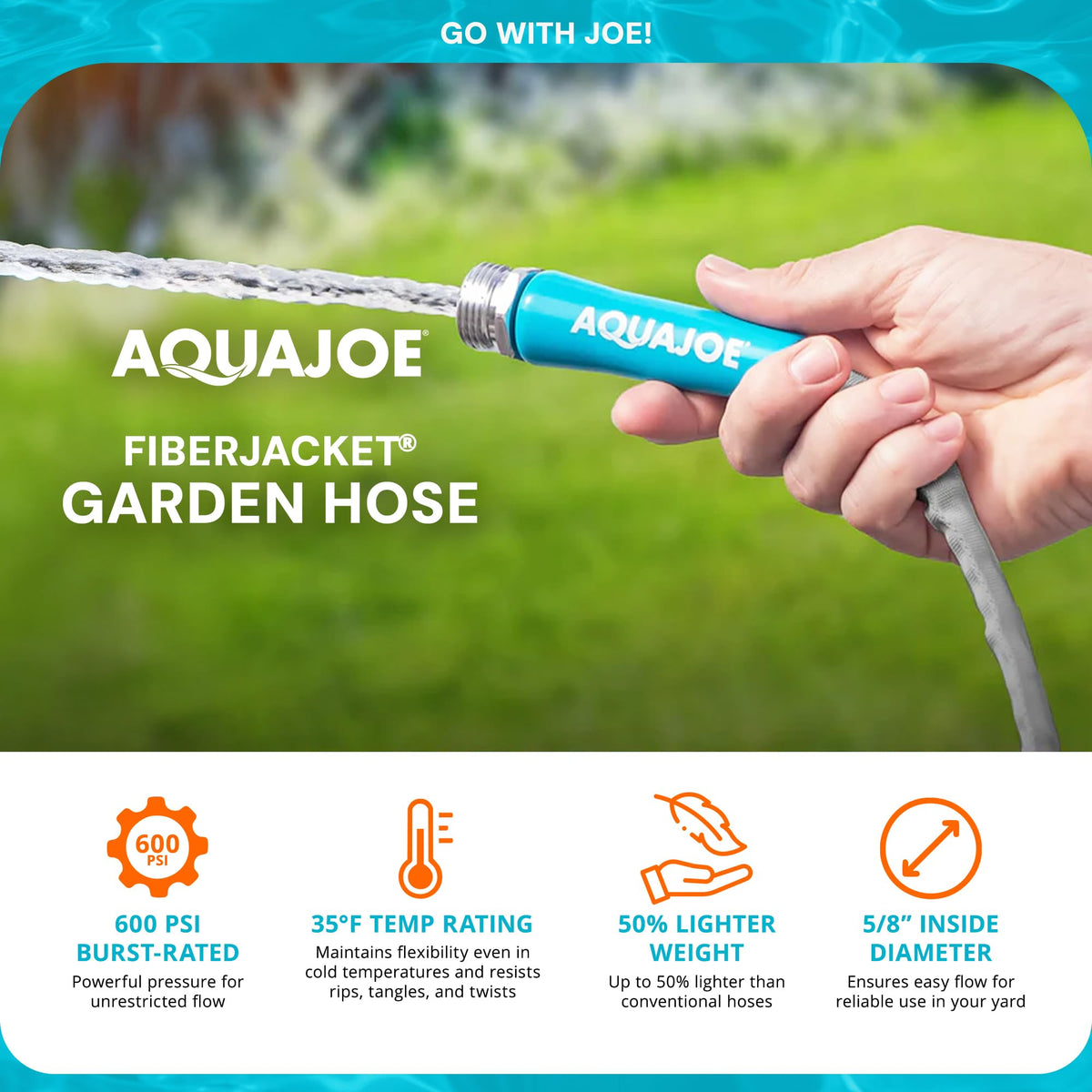 Aqua Joe XTREME FiberJacket 600psi burst rating supports strong water flow.