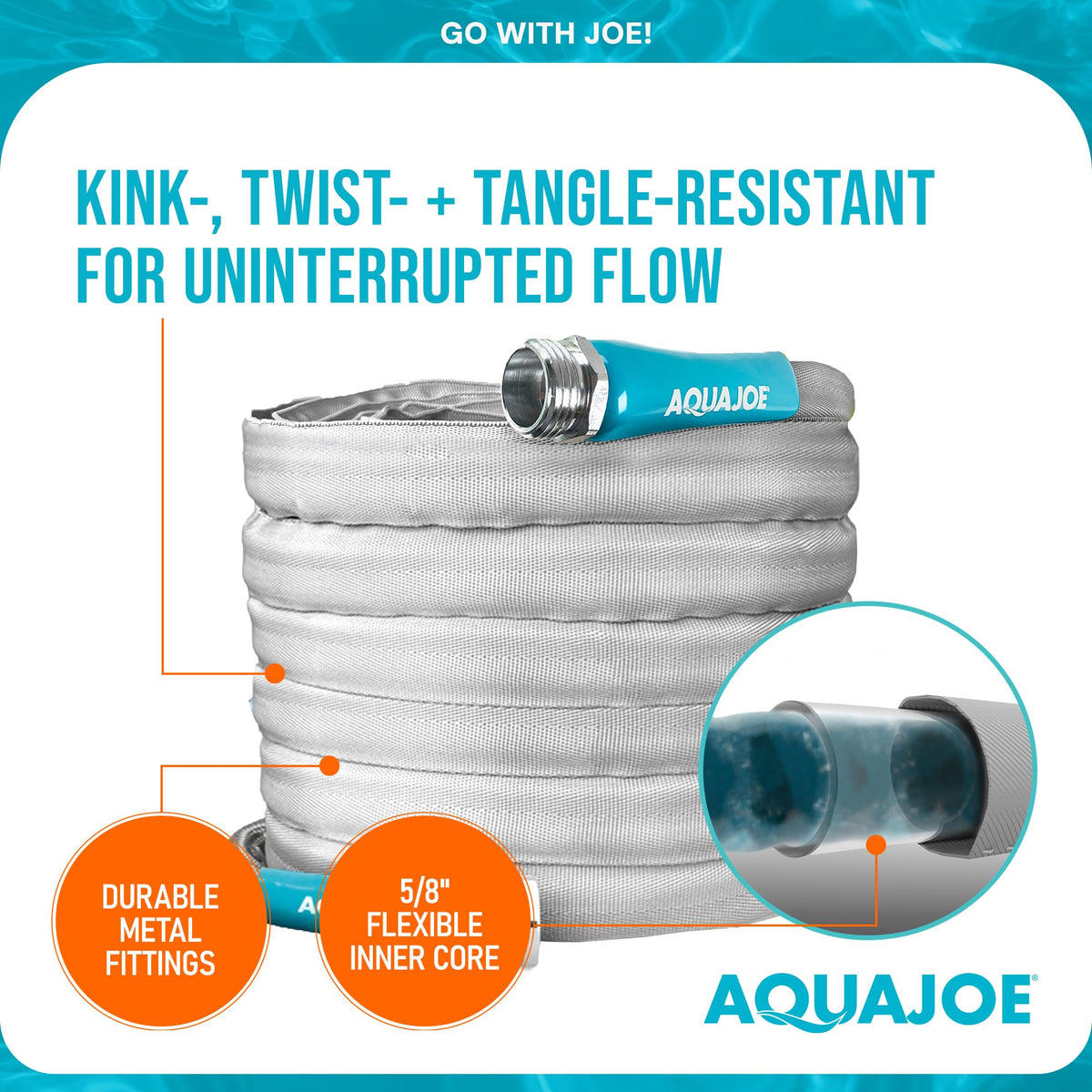 Aqua Joe XTREME FiberJacket heavy-duty metal fittings seal leaks securely.