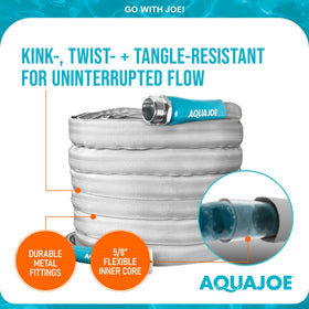 Aqua Joe XTREME FiberJacket heavy-duty metal fittings seal leaks securely.