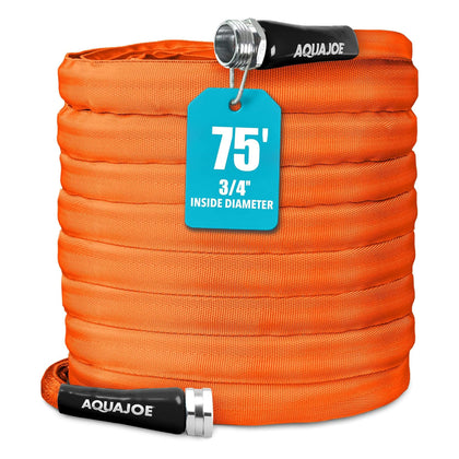 Aqua Joe FiberJacket hose 75ft orange offers flexible reach for yard watering.