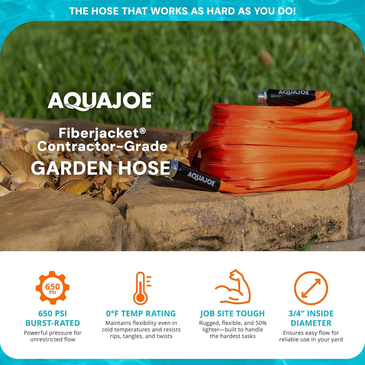 Aqua Joe kink-resistant hose maintains steady water flow for washing tasks.