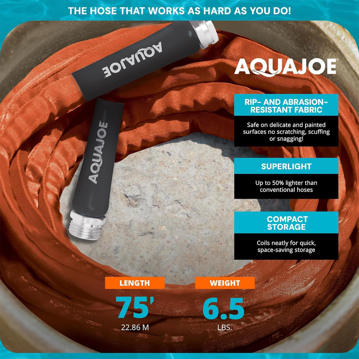Aqua Joe metal fittings ensure secure, leak-proof connections during garden chores.