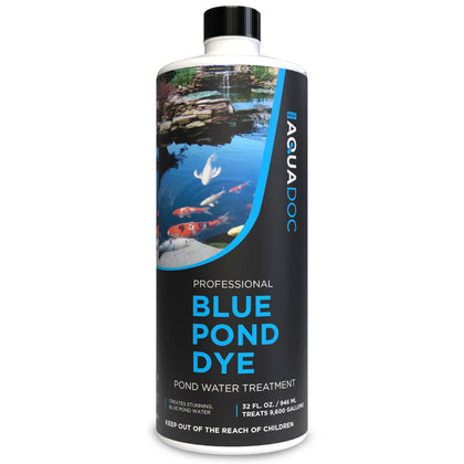 AquaDoc Blue Pond Dye bottle close-up for vivid pond color enhancement.