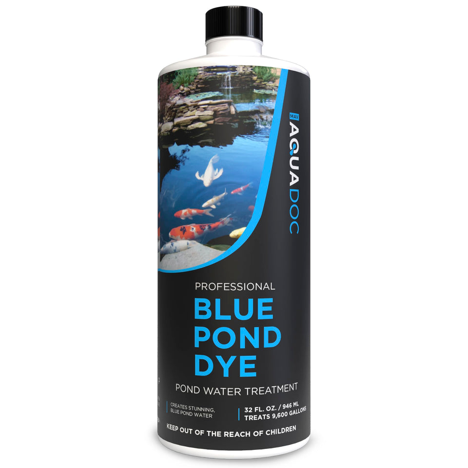 AquaDoc Blue Pond Dye bottle close-up for vivid pond color enhancement.