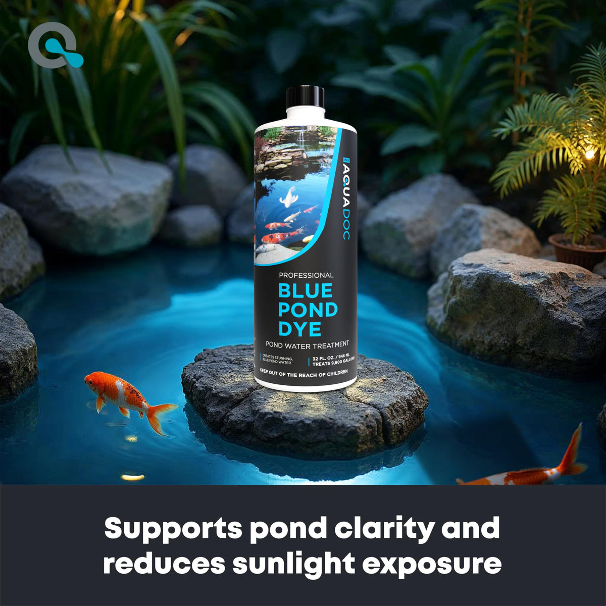 AquaDoc Blue Pond Dye on water surface showing natural blue tint.