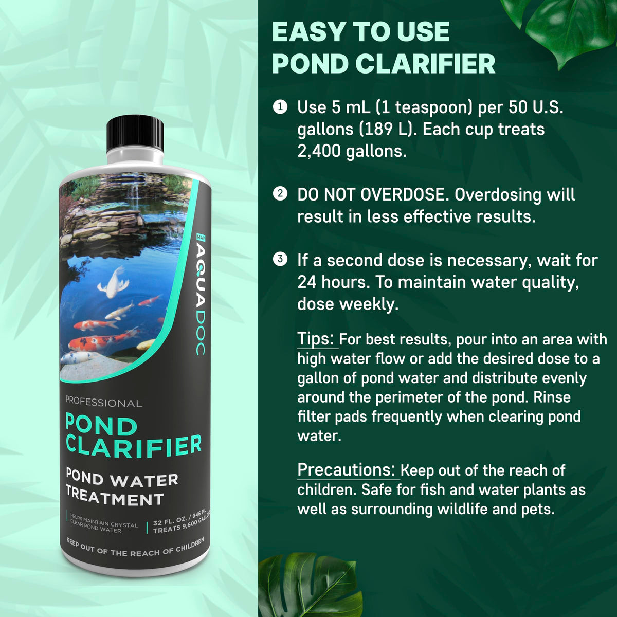 Applying AquaDoc to a large outdoor koi pond shows wide coverage.