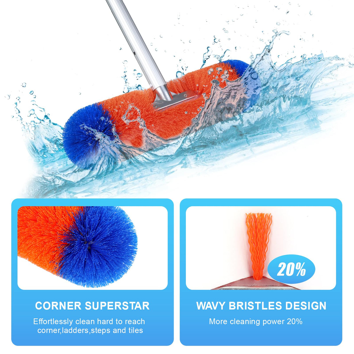 AquaFly 18in pool brush showing 360° rotating head for versatile pool maintenance.