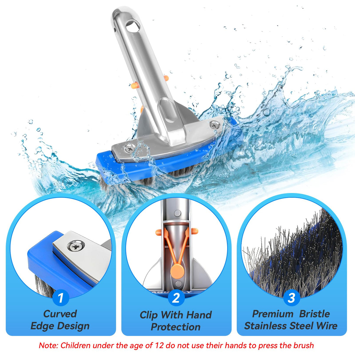 AQUAFLY 5.5-inch stainless steel pool brush clears mineral buildup on tile