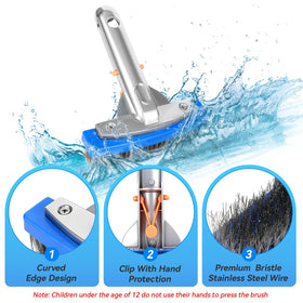 AQUAFLY 5.5-inch stainless steel pool brush clears mineral buildup on tile