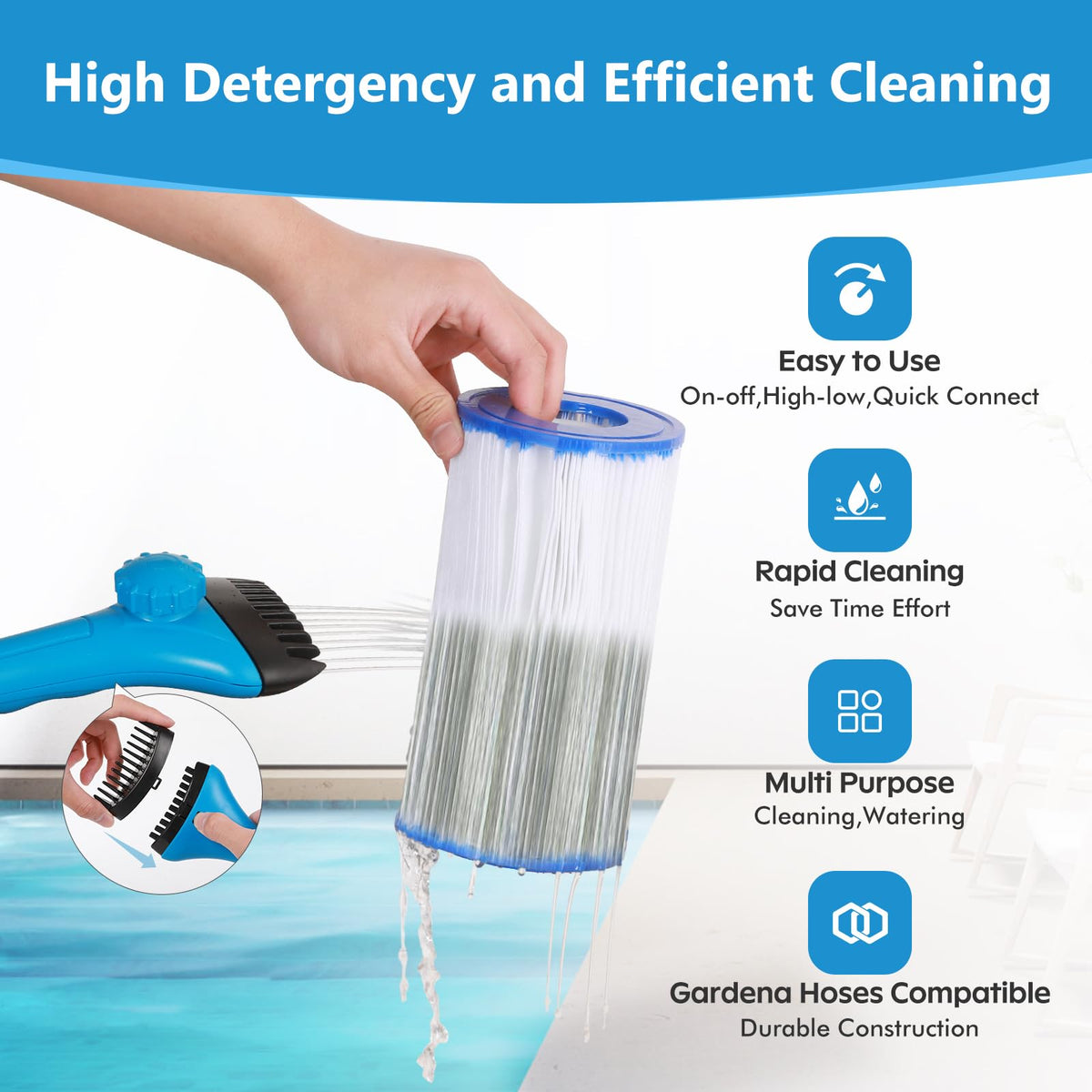 AQUAFLY ergonomic pool sprayer enables quick, thorough spa cleaning.