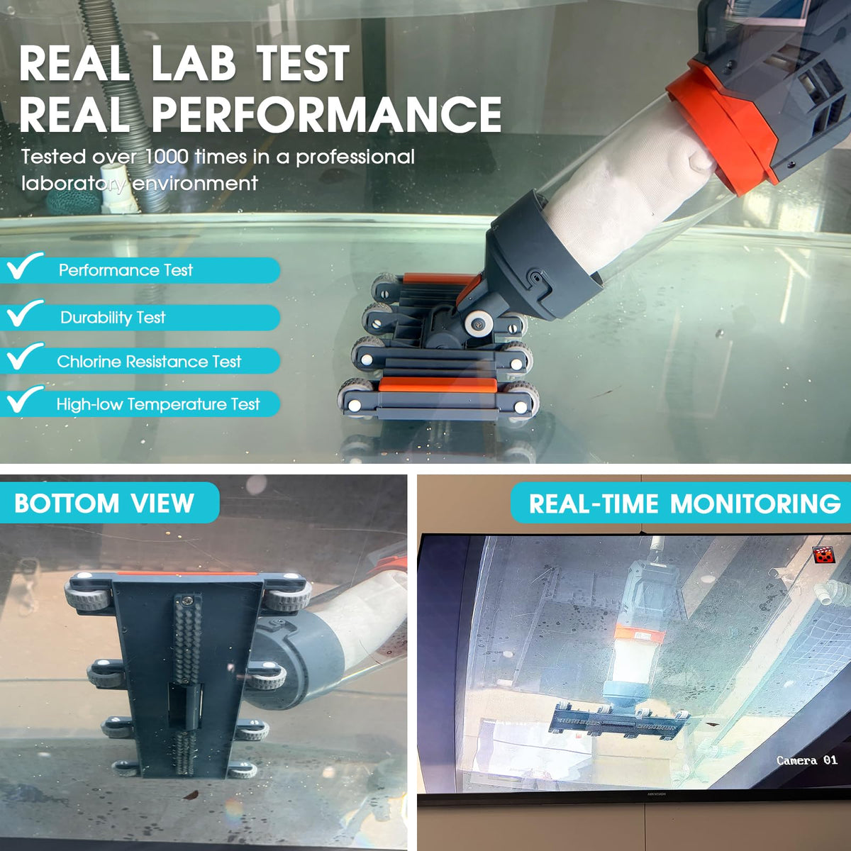 AQUAFYSH three-head cleaning system covers large areas and tight corners.