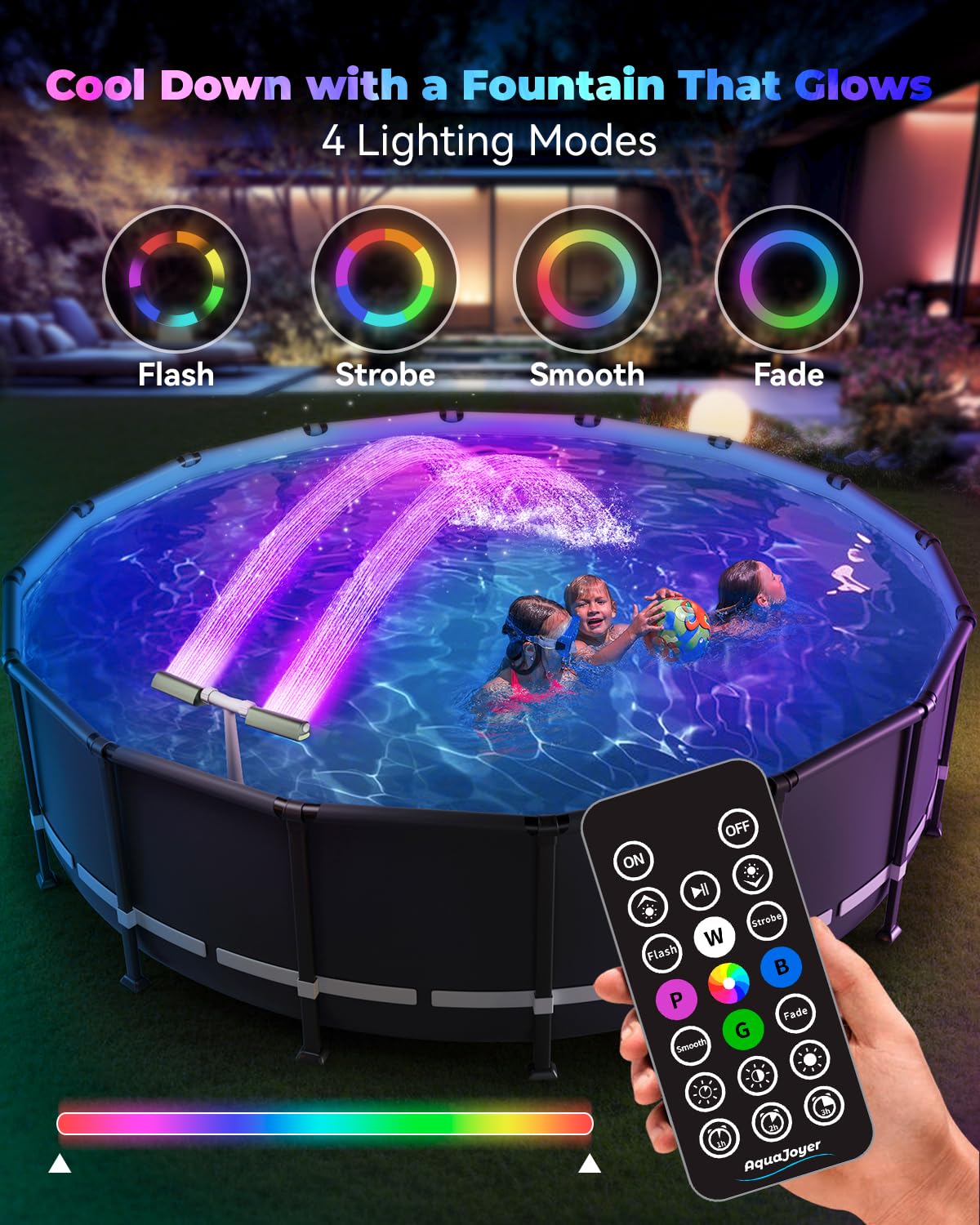 AquaJoyer 360-degree adjustable sprinkler delivers immersive water motion around the pool.
