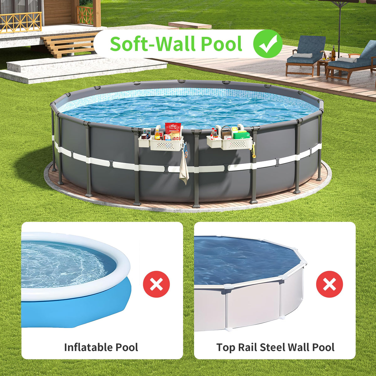 AquaJoyer basket on the pool wall showing secure grip for towels and goggles.