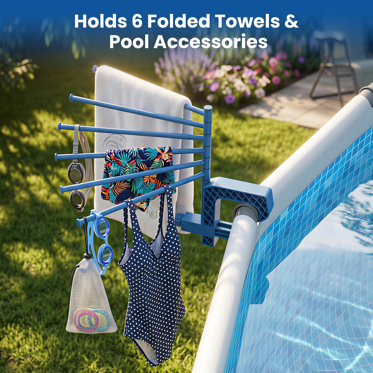AquaJoyer elevated towel bar keeps towels off the ground for cleaner drying.