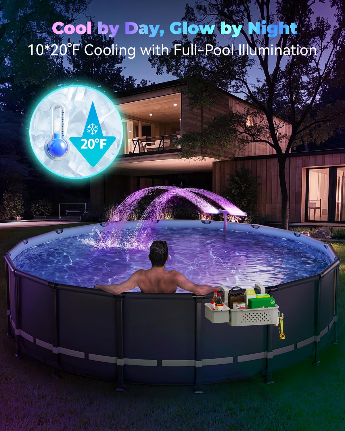 AquaJoyer interchangeable nozzles offer two spray patterns for varied visuals.