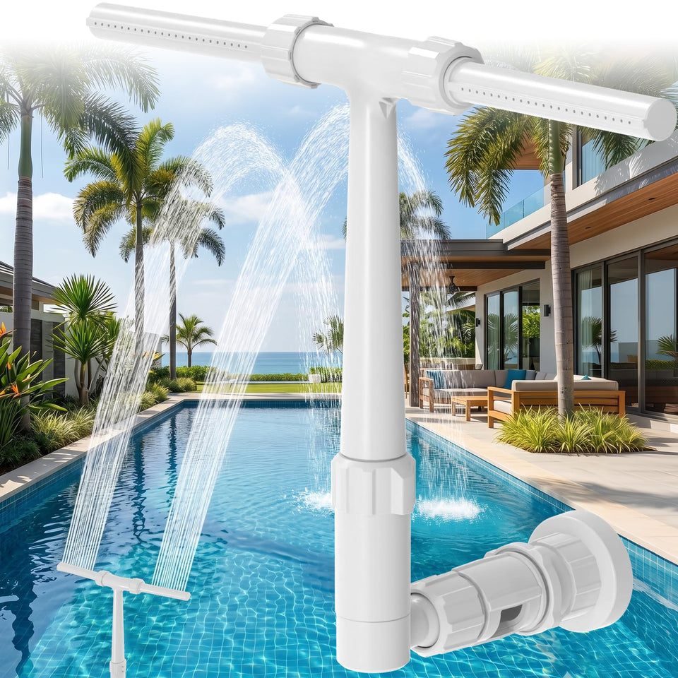 AquaJoyer pool fountain dual spray setup delivers a wide curtain for cooling