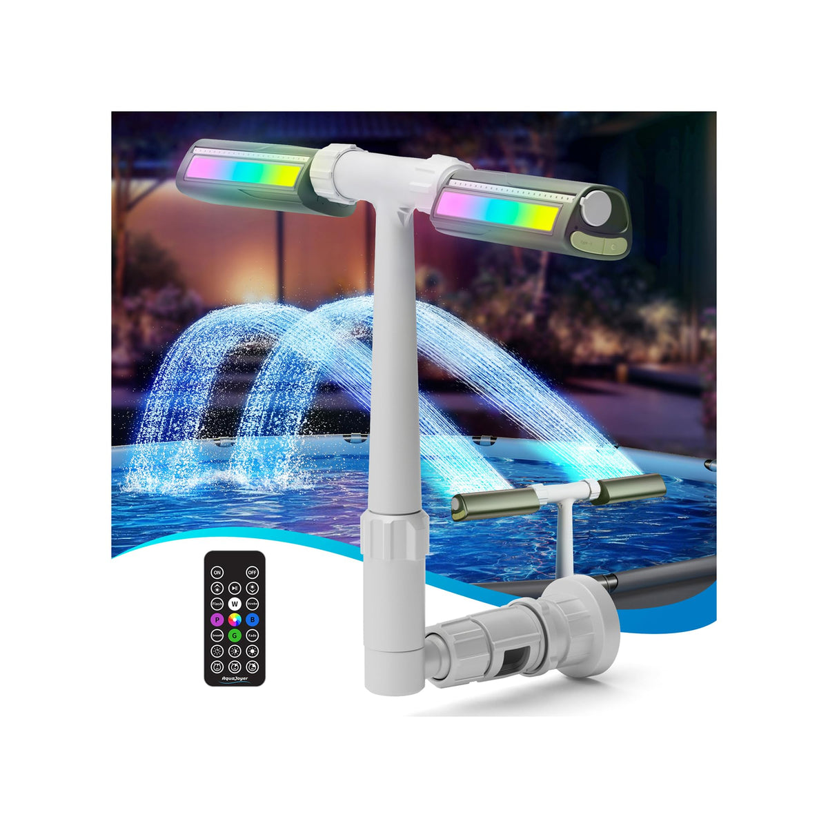 AquaJoyer pool fountain LED lights create a vibrant color show for evening swims.