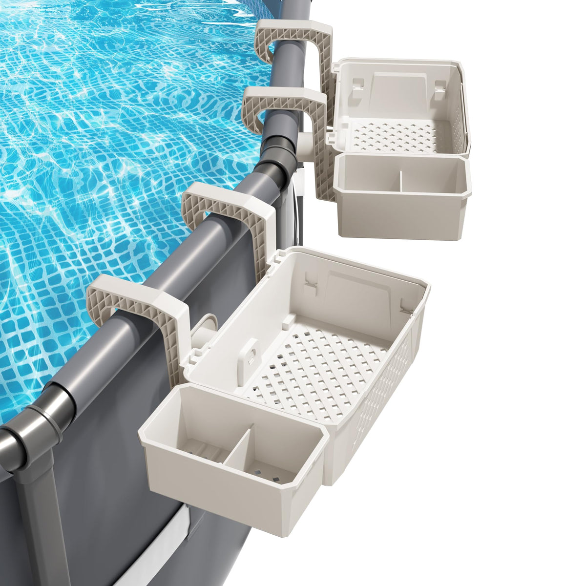 AquaJoyer poolside storage basket mounted on rail, keeping towels within reach.