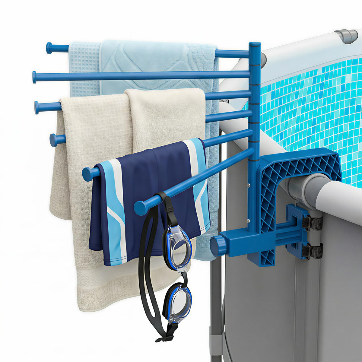 AquaJoyer poolside towel rack with six bars keeps towels organized and drying efficiently.