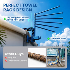 AquaJoyer round pool-edge attachment stabilizes the rack on curved above-ground walls.