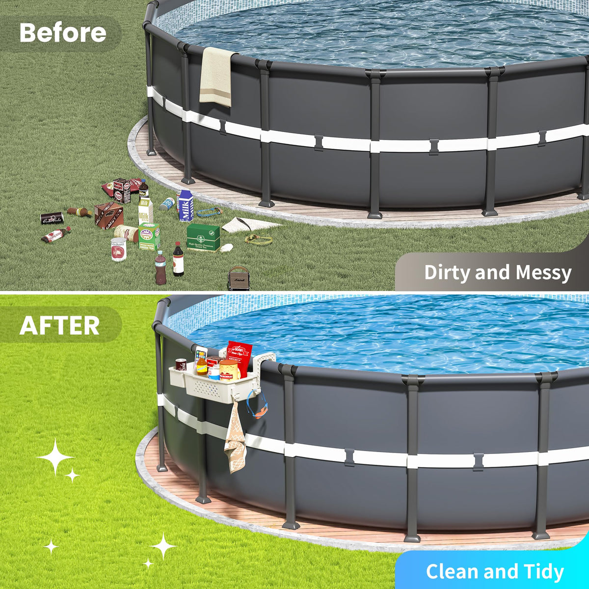 AquaJoyer setup featuring support bars and hooks to prevent items from falling.