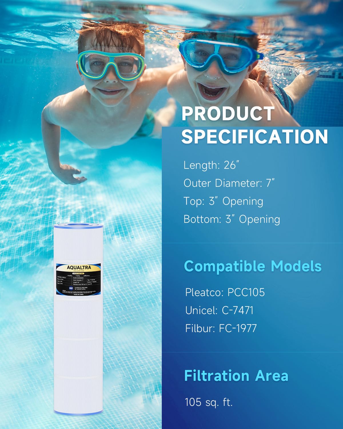 AQUALTRA CCP420 filter with 105 sq ft filtration area for high-capacity debris capture.