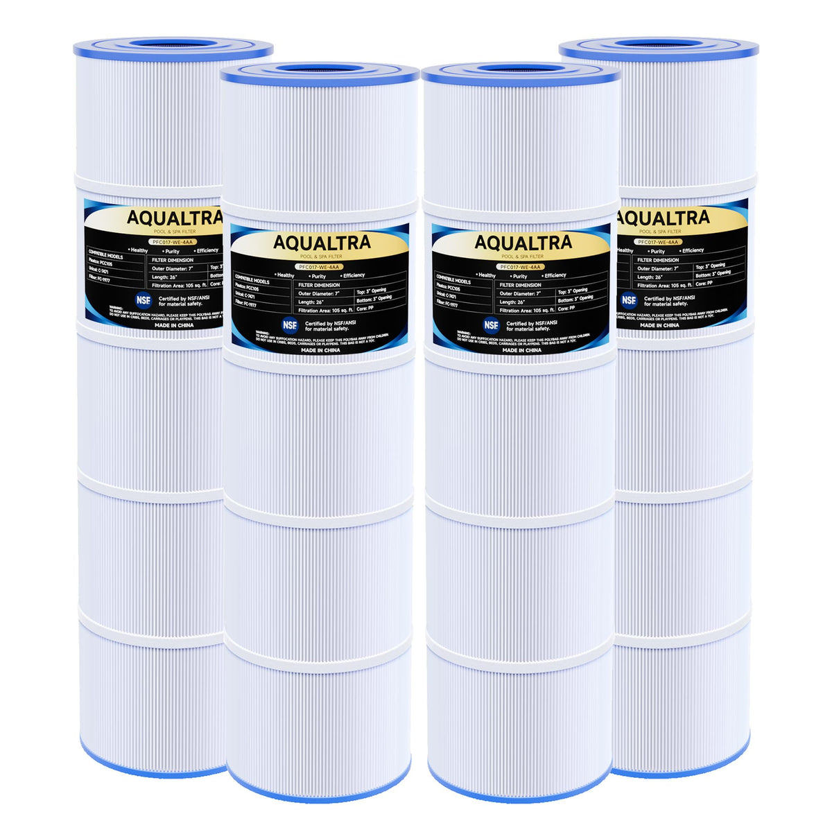 AQUALTRA CCP420 filter packaging highlighting NSF-certified materials and safety.