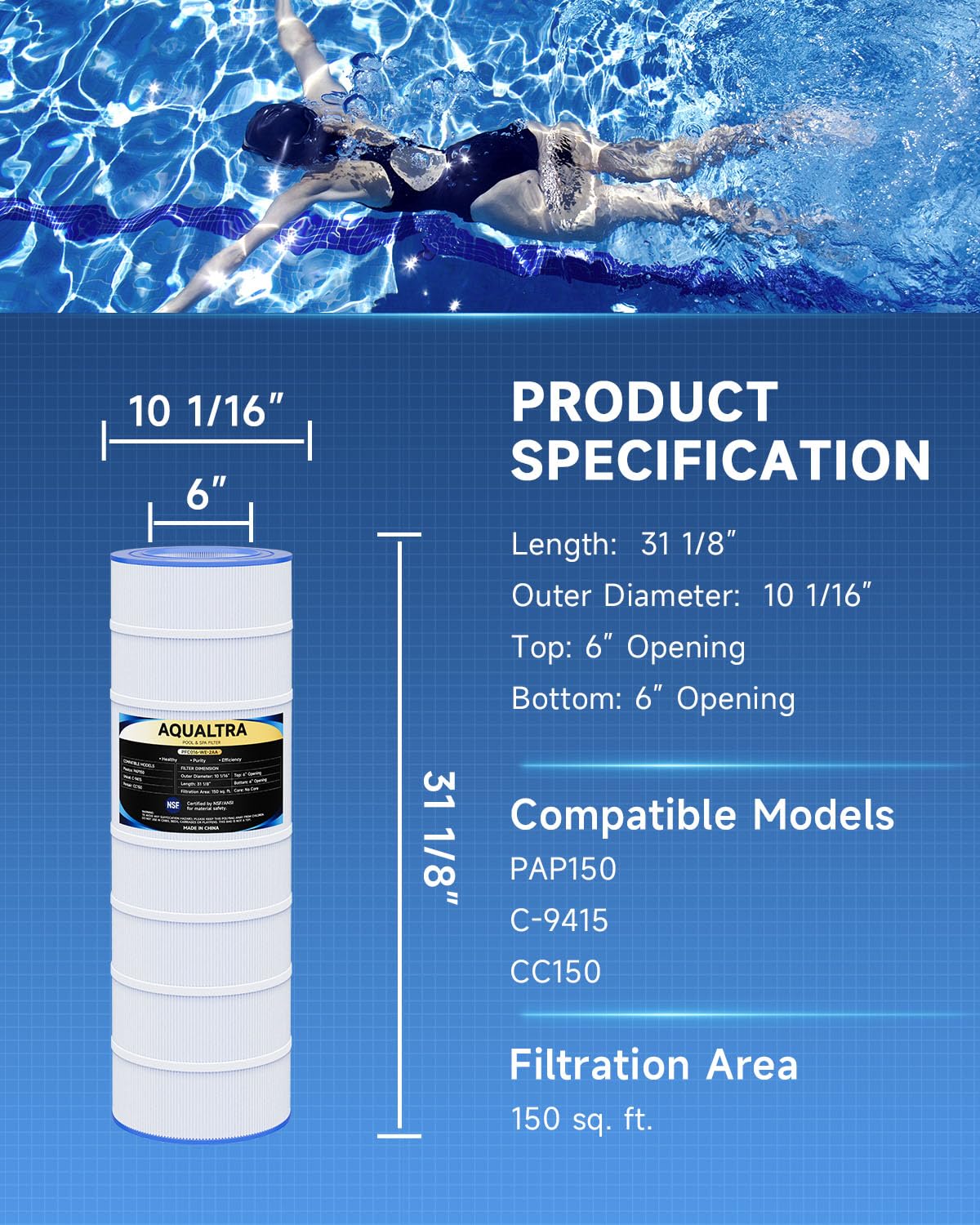 AQUALTRA CCRP150-compatible pool filter supports broad system compatibility.