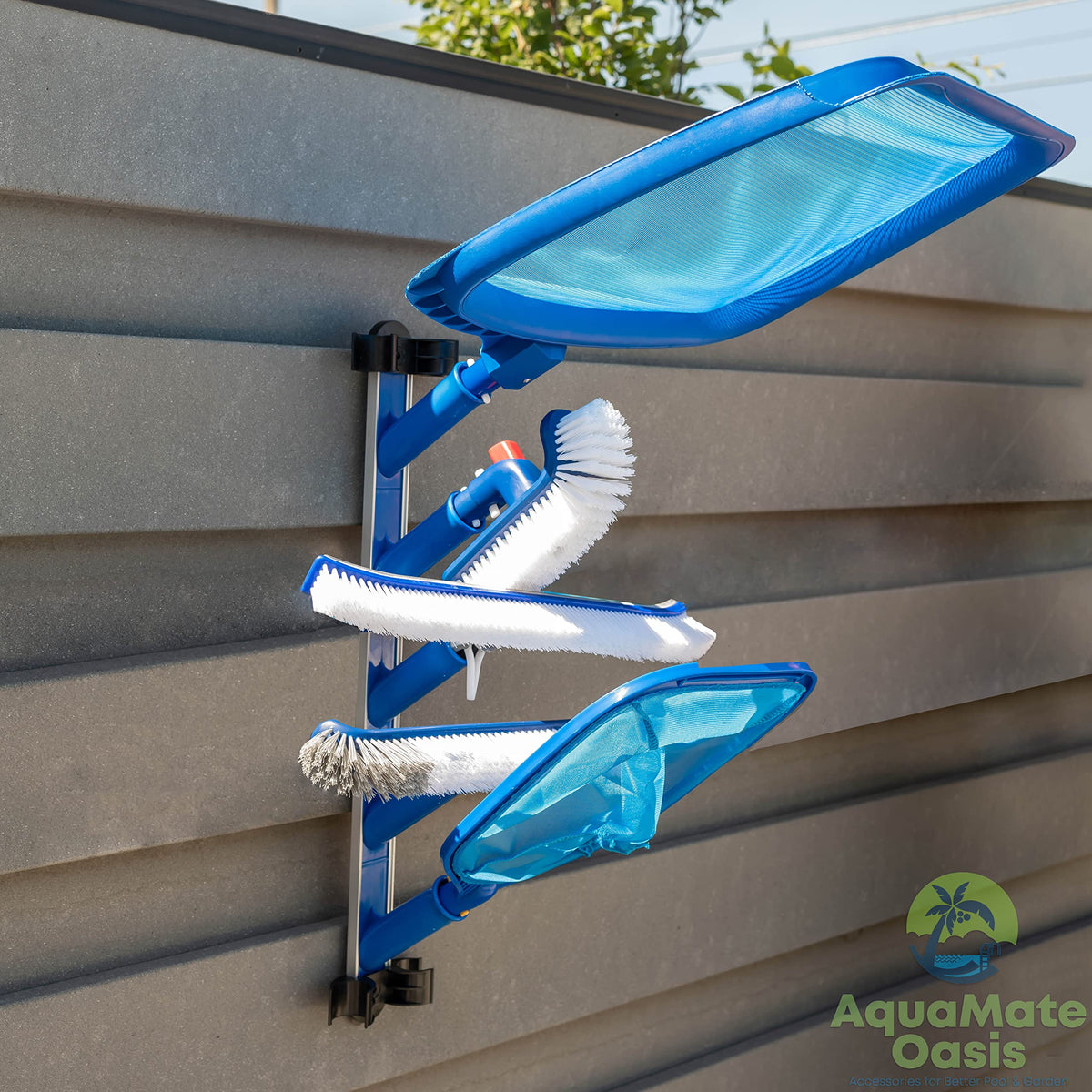 AquaMate Oasis brushes and rakes organized for faster pool maintenance.