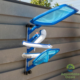 AquaMate Oasis brushes and rakes organized for faster pool maintenance.