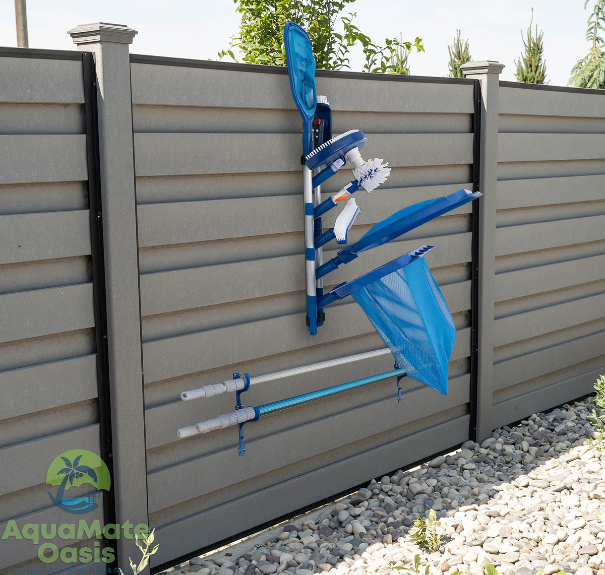 AquaMate Oasis pole hangers hold large poles securely for easy access.