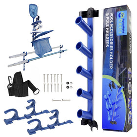 AquaMate Oasis pool holder on fence keeps accessories neatly organized.