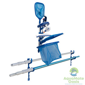 AquaMate Oasis storage rack keeps pool gear within reach.
