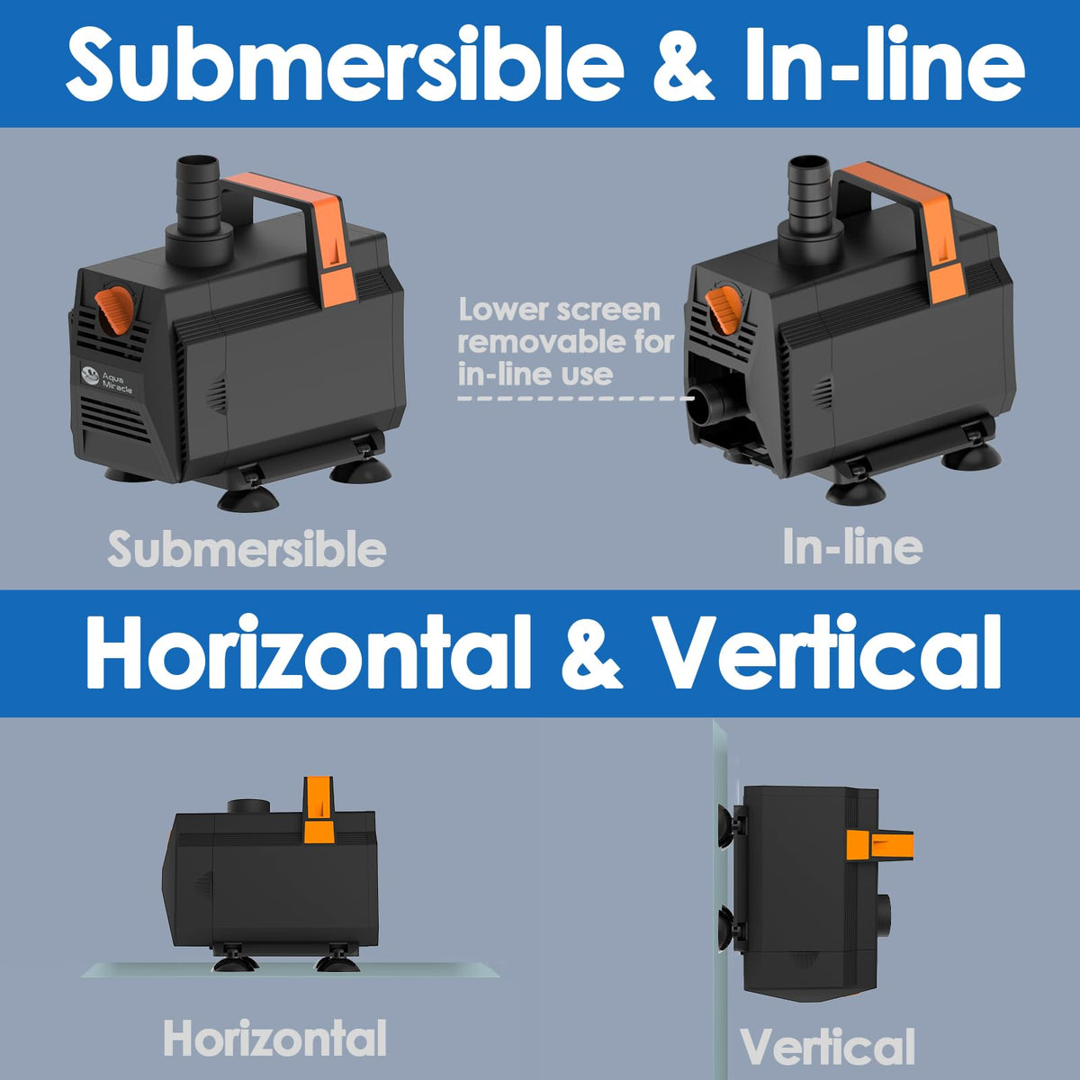 AquaMiracle 1200GPH submersible pump flow regulator highlights adjustable flow for precise control.